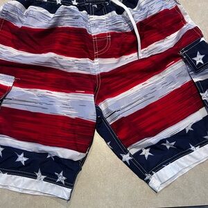 Split Red, White, and Blue Star Swim Shorts